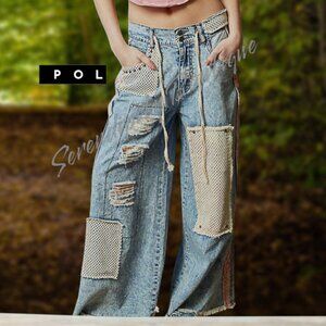 POL Rustic Denim Studded Detail Patchwork Baggy Wide Leg Cotton Blue Jeans